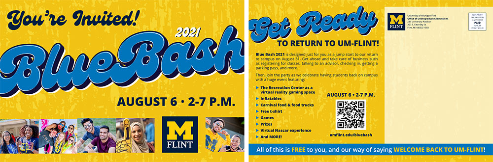 Blue Bash 2021 University of Michigan-Flint postcard, front and back.