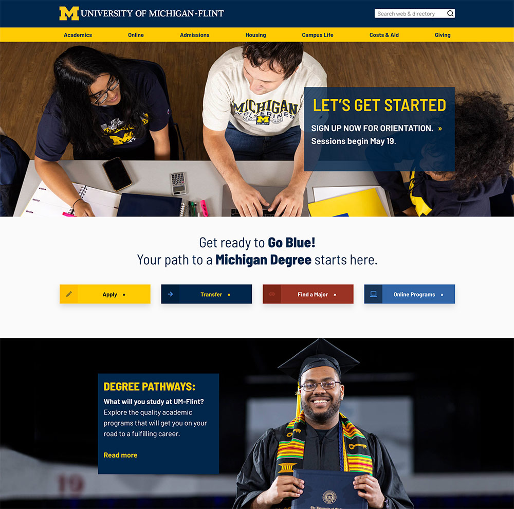 University of Michigan-Flint's website homepage. 
