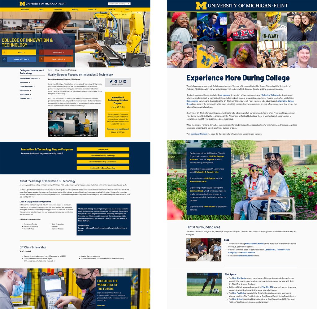 University of Michigan-Flint College of Innovation and Technology website homepage and Student Life website homepage.