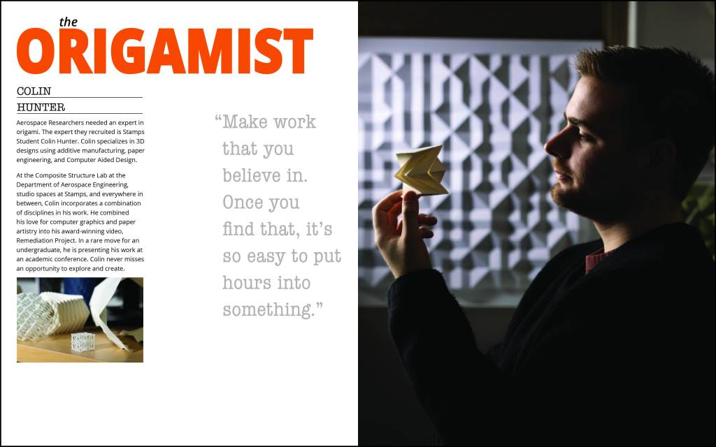 This is a two-page spread created for undergraduate recruitment purposes at the Penny W. Stamps School of Art & Design.