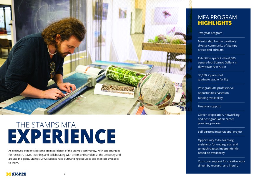 A graduate student in an art studio leans over a cutting table, carefully trimming paper with a precision cutter. The workspace is filled with creative materials, including a printed image of a forest, a book of artwork, and spherical paper sculptures made from newspaper. Behind the student, a chalkboard and art displays are partially visible. On the right side of the image, a blue and yellow panel lists “MFA Program Highlights,” detailing features such as mentorship, exhibition space at the Stamps Gallery, graduate studio facilities, funding opportunities, and international projects. Large text at the bottom reads, “The Stamps MFA Experience,” followed by a description emphasizing the program’s creative community, global collaboration, and mentorship opportunities at the Stamps School of Art & Design, University of Michigan.